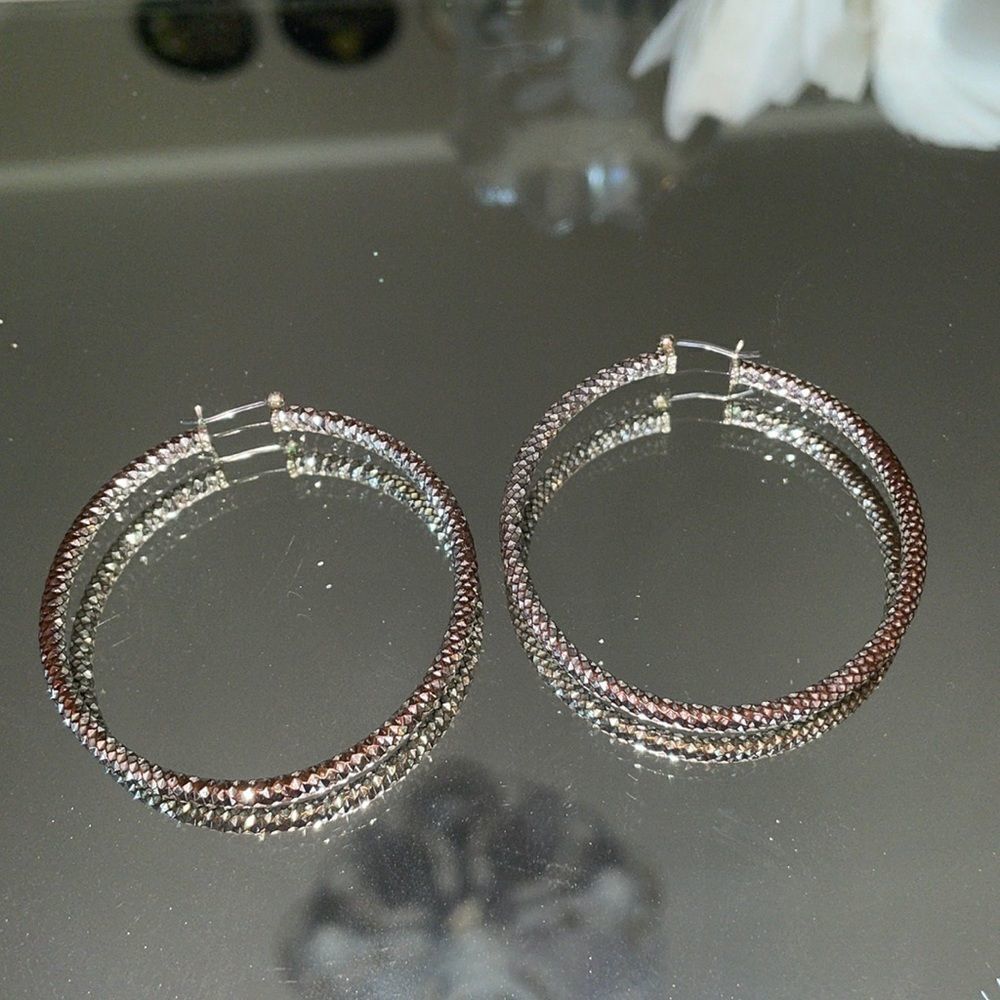 Large sparkly silver hoop pierced earrings